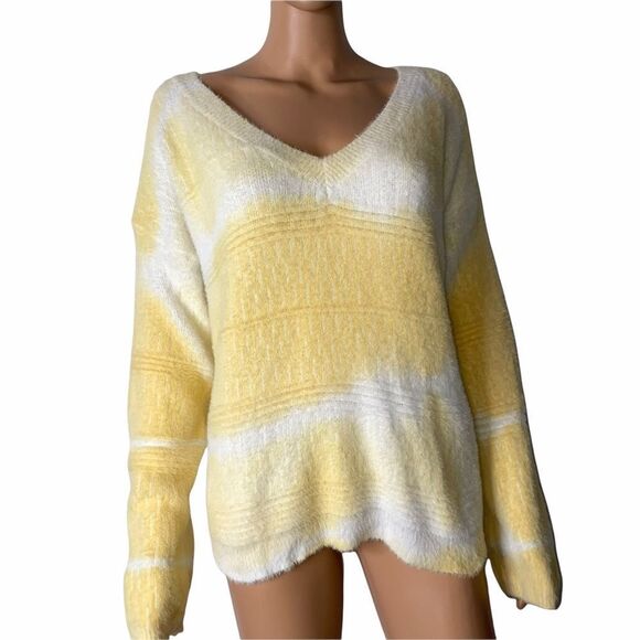 Lumiere Fuzzy sweater V-neck tie died print sweater SZ L yellow/white- - Picture 3 of 12